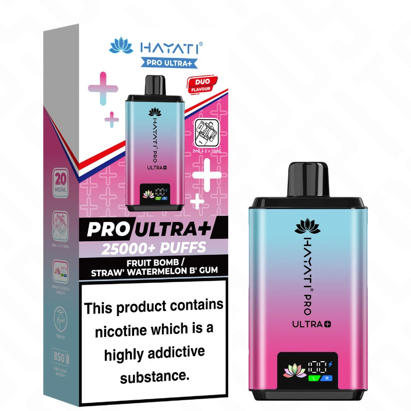 Hayati Pro Ultra Plus 25K Fruit Bomb and Straw’ Watermelon B’Gum vape pod kit device