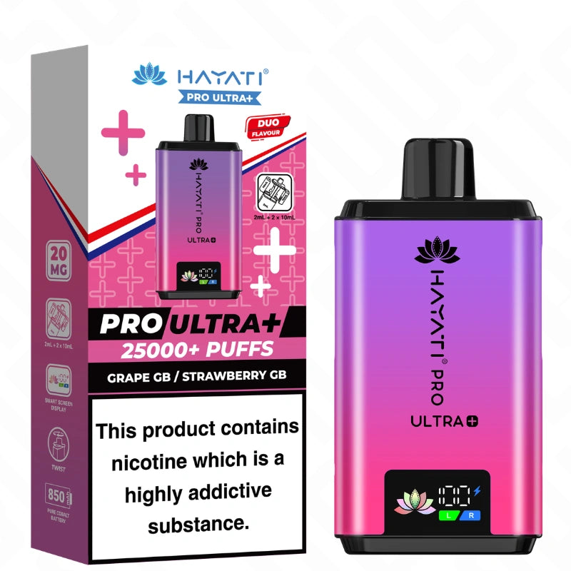 Hayati Pro Ultra Plus 25K Grape GB and Strawberry GB vape pod kit device