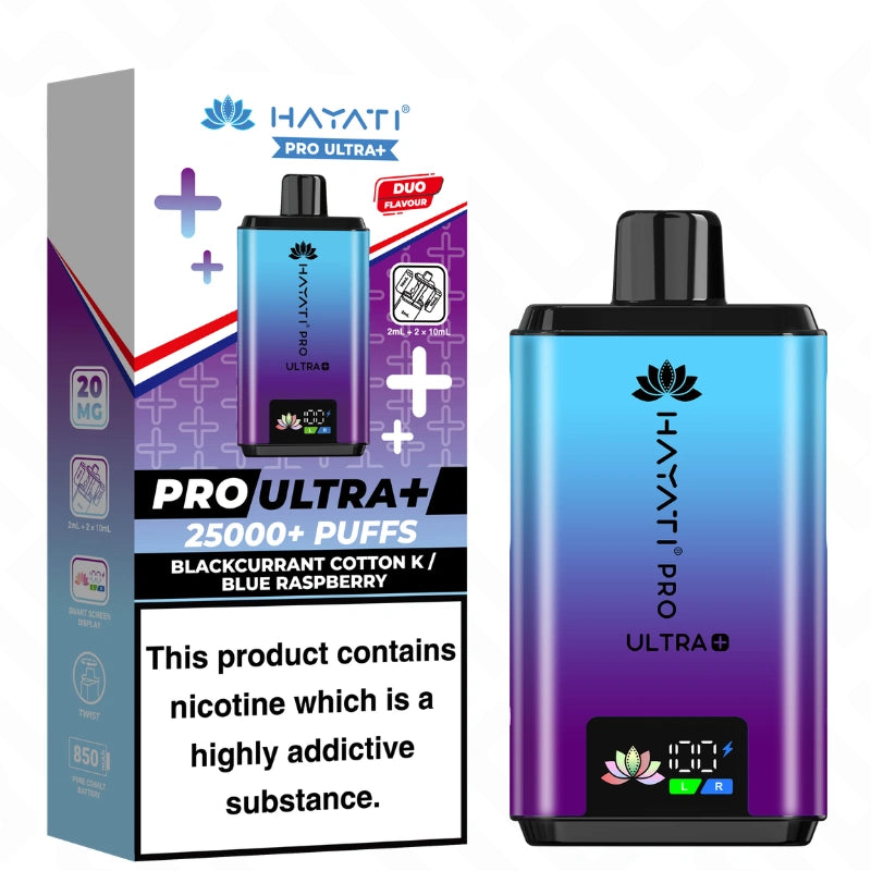 Hayati Pro Ultra Plus 25K Blackcurrant Cotton K and Blue Raspberry vape pod kit device