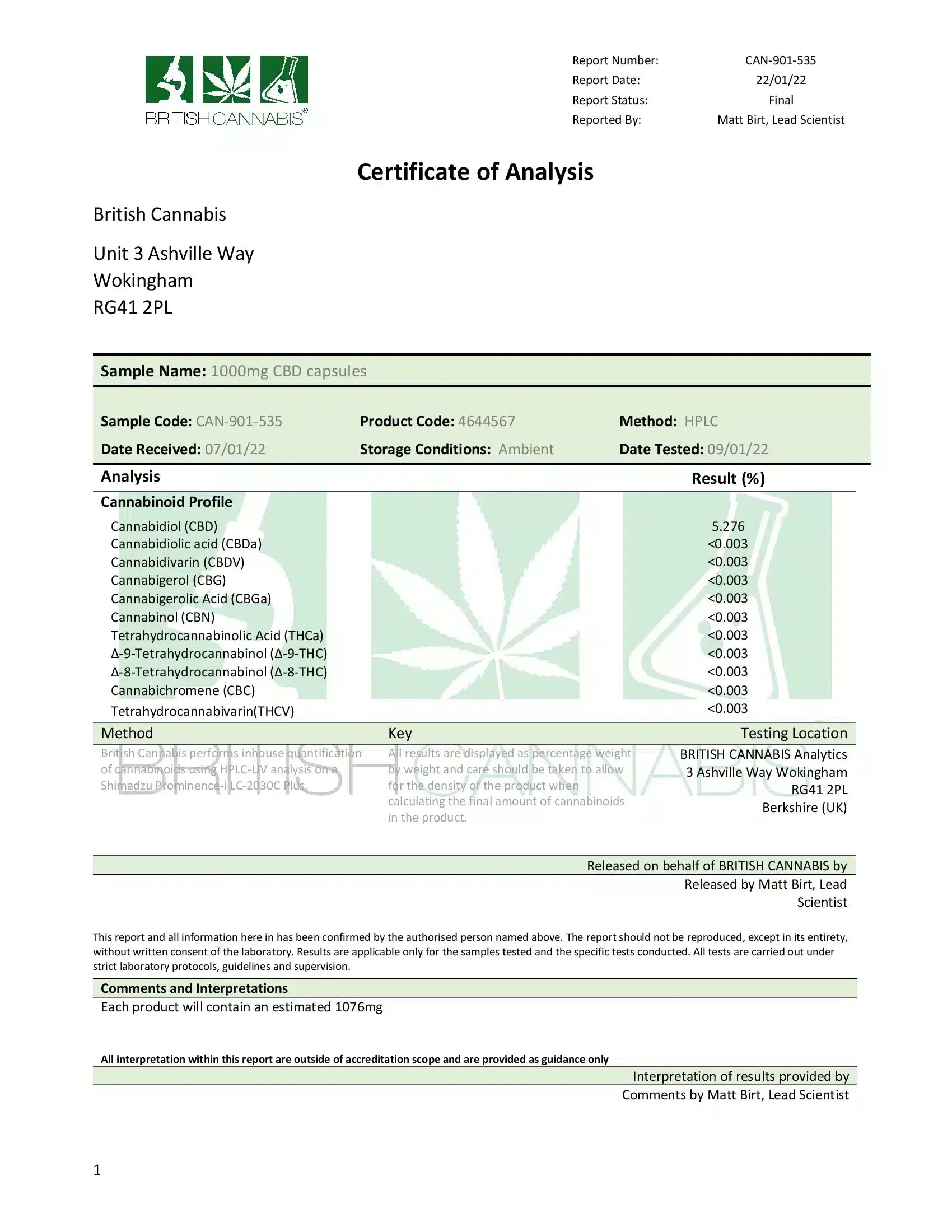 British Cannabis 1000mg CBD 100% Cannabis Oral Capsules (30 Caps)