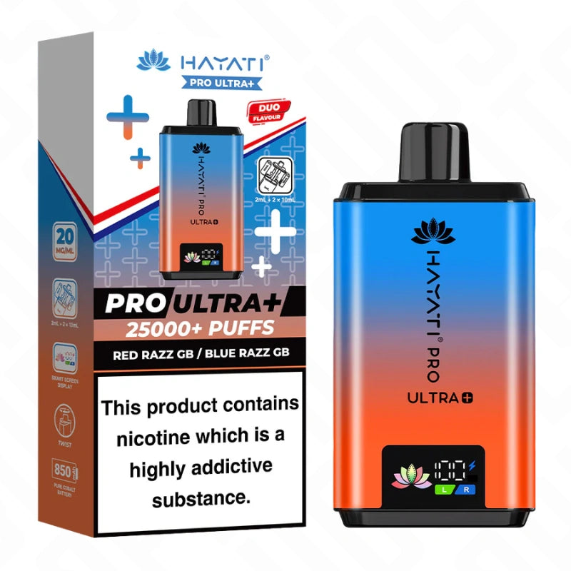 Hayati Pro Ultra Plus 25K Red Razz GB and Blue Razz GB vape pod kit device