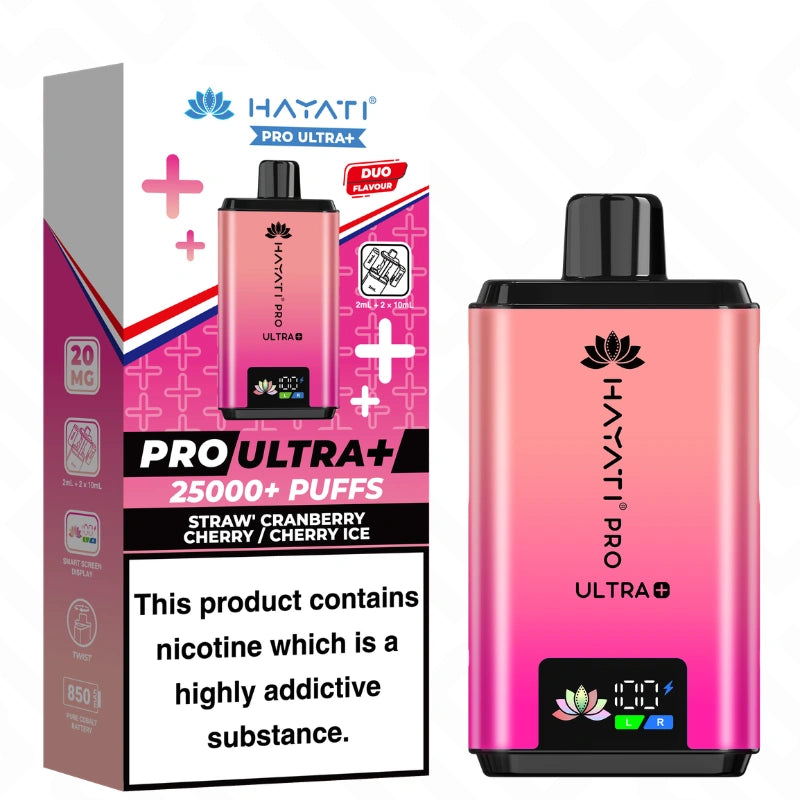 Hayati Pro Ultra Plus 25K Strawberry Cranberry Cherry and Cherry Ice vape pod kit device